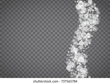 Isolated snowflakes on transparent grey background. Winter sales, Christmas and New Year design for party invitation, banner, sale. Horizontal winter window. Magic isolated snowflakes. Silver flakes