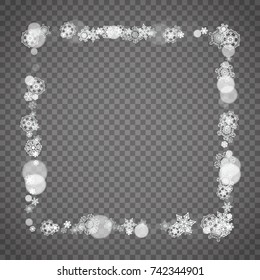 Isolated snowflakes on transparent grey background. Winter sales, Christmas and New Year design for party invitation, banner, sale. Winter snow window. Magic crystal isolated snowflakes. Silver flakes