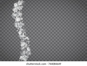 Isolated snowflakes on transparent grey background. Winter sales, Christmas and New Year design for party invitation, banner, sale. Winter snow window. Magic crystal isolated snowflakes. Silver flakes