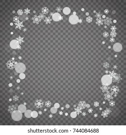 Isolated snowflakes on transparent grey background. Winter sales, Christmas and New Year design for party invitation, banner, sale. Winter snow window. Magic crystal isolated snowflakes. Silver flakes