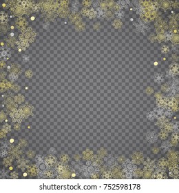 Isolated snowflakes on transparent grey background. Gold glitter snow. Winter sales, Christmas and New Year design for party invitation, banner, sale. Winter window. Magic crystal isolated snowflakes.