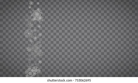 Isolated snowflakes on transparent grey background. Silver glitter snow. Horizontal Christmas and New Year design for party invitation, banner, sale. Winter window. Magic crystal isolated snowflakes