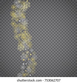 Isolated snowflakes on transparent grey background. Gold glitter snow. Winter sales, Christmas and New Year design for party invitation, banner, sale. Winter window. Magic crystal isolated snowflakes.