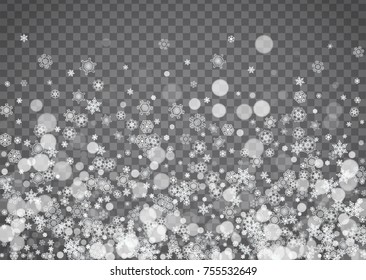Isolated snowflakes on transparent grey background. Winter sales, Christmas and New Year design for party invitation, banner, sale. Horizontal winter window. Magic isolated snowflakes. Silver flakes