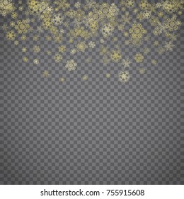 Isolated snowflakes on transparent grey background. Gold glitter snow. Winter sales, Christmas and New Year design for party invitation, banner, sale. Winter window. Magic crystal isolated snowflakes.