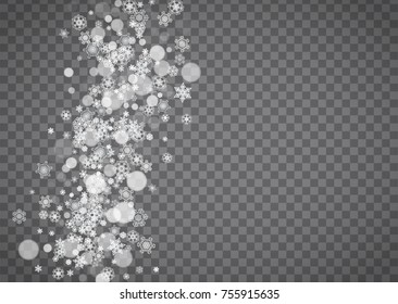 Isolated snowflakes on transparent grey background. Winter sales, Christmas and New Year design for party invitation, banner, sale. Horizontal winter window. Magic isolated snowflakes. Silver flakes