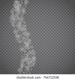 Isolated snowflakes on transparent grey background. Silver glitter snow. Winter sale, Christmas and New Year design for party invitation, banner, sale. Winter window. Magic crystal isolated snowflakes