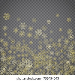 Isolated snowflakes on transparent grey background. Gold glitter snow. Winter sales, Christmas and New Year design for party invitation, banner, sale. Winter window. Magic crystal isolated snowflakes.