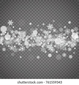 Isolated snowflakes on transparent grey background. Winter sales, Christmas and New Year design for party invitation, banner, sale. Winter snow window. Magic crystal isolated snowflakes. Silver flakes
