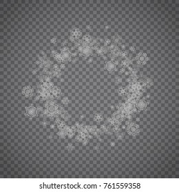 Isolated snowflakes on transparent grey background. Silver glitter snow. Winter sale, Christmas and New Year design for party invitation, banner, sale. Winter window. Magic crystal isolated snowflakes