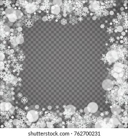 Isolated snowflakes on transparent grey background. Winter sales, Christmas and New Year design for party invitation, banner, sale. Winter snow window. Magic crystal isolated snowflakes. Silver flakes