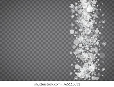 Isolated snowflakes on transparent grey background. Winter sales, Christmas and New Year design for party invitation, banner, sale. Horizontal winter window. Magic isolated snowflakes. Silver flakes