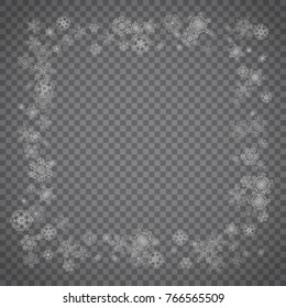 Isolated snowflakes on transparent grey background. Silver glitter snow. Winter sale, Christmas and New Year design for party invitation, banner, sale. Winter window. Magic crystal isolated snowflakes