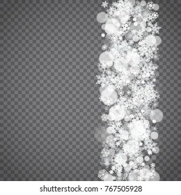 Isolated snowflakes on transparent grey background. Winter sales, Christmas and New Year design for party invitation, banner, sale. Winter snow window. Magic crystal isolated snowflakes. Silver flakes