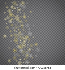 Isolated snowflakes on transparent grey background. Gold glitter snow. Winter sales, Christmas and New Year design for party invitation, banner, sale. Winter window. Magic crystal isolated snowflakes.