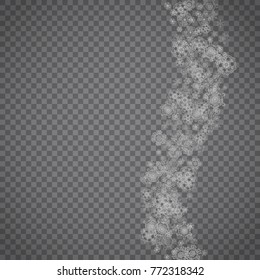 Isolated snowflakes on transparent grey background. Silver glitter snow. Winter sale, Christmas and New Year design for party invitation, banner, sale. Winter window. Magic crystal isolated snowflakes