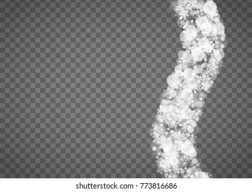 Isolated snowflakes on transparent grey background. Winter sales, Christmas and New Year design for party invitation, banner, sale. Horizontal winter window. Magic isolated snowflakes. Silver flakes