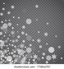 Isolated snowflakes on transparent grey background. Winter sales, Christmas and New Year design for party invitation, banner, sale. Winter snow window. Magic crystal isolated snowflakes. Silver flakes