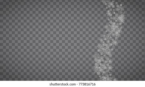 Isolated snowflakes on transparent grey background. Silver glitter snow. Horizontal Christmas and New Year design for party invitation, banner, sale. Winter window. Magic crystal isolated snowflakes