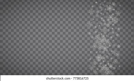 Isolated snowflakes on transparent grey background. Silver glitter snow. Horizontal Christmas and New Year design for party invitation, banner, sale. Winter window. Magic crystal isolated snowflakes