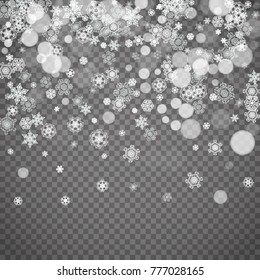 Isolated snowflakes on transparent grey background. Winter sales, Christmas and New Year design for party invitation, banner, sale. Winter snow window. Magic crystal isolated snowflakes. Silver flakes