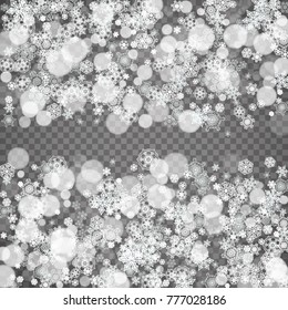 Isolated snowflakes on transparent grey background. Winter sales, Christmas and New Year design for party invitation, banner, sale. Winter snow window. Magic crystal isolated snowflakes. Silver flakes