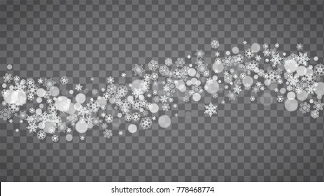 Isolated snowflakes on transparent grey background. Winter sales, Christmas and New Year design for party invitation, banner, sale. Horizontal winter window. Magic isolated snowflakes. Silver flakes