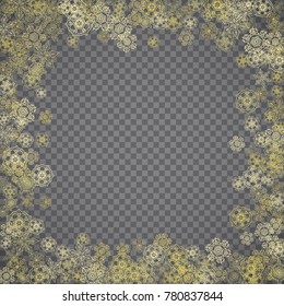 Isolated snowflakes on transparent grey background. Gold glitter snow. Winter sales, Christmas and New Year design for party invitation, banner, sale. Winter window. Magic crystal isolated snowflakes.