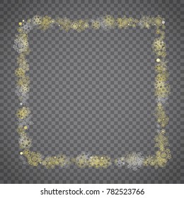 Isolated snowflakes on transparent grey background. Gold glitter snow. Winter sales, Christmas and New Year design for party invitation, banner, sale. Winter window. Magic crystal isolated snowflakes.