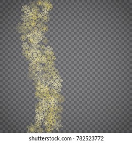 Isolated snowflakes on transparent grey background. Gold glitter snow. Winter sales, Christmas and New Year design for party invitation, banner, sale. Winter window. Magic crystal isolated snowflakes.