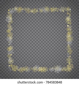 Isolated snowflakes on transparent grey background. Gold glitter snow. Winter sales, Christmas and New Year design for party invitation, banner, sale. Winter window. Magic crystal isolated snowflakes.