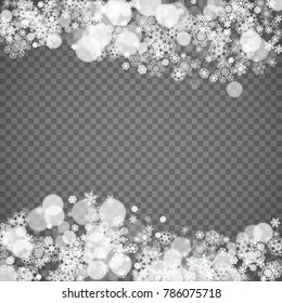 Isolated snowflakes on transparent grey background. Winter sales, Christmas and New Year design for party invitation, banner, sale. Winter snow window. Magic crystal isolated snowflakes. Silver flakes