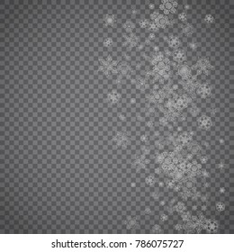 Isolated snowflakes on transparent grey background. Silver glitter snow. Winter sale, Christmas and New Year design for party invitation, banner, sale. Winter window. Magic crystal isolated snowflakes