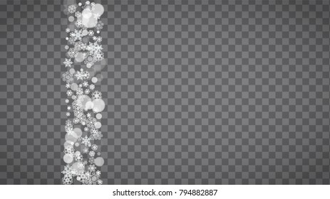 Isolated snowflakes on transparent grey background. Winter sales, Christmas and New Year design for party invitation, banner, sale. Horizontal winter window. Magic isolated snowflakes. Silver flakes