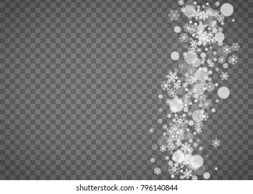 Isolated snowflakes on transparent grey background. Winter sales, Christmas and New Year design for party invitation, banner, sale. Horizontal winter window. Magic isolated snowflakes. Silver flakes