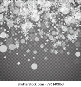 Isolated snowflakes on transparent grey background. Winter sales, Christmas and New Year design for party invitation, banner, sale. Winter snow window. Magic crystal isolated snowflakes. Silver flakes