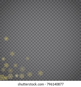Isolated snowflakes on transparent grey background. Gold glitter snow. Winter sales, Christmas and New Year design for party invitation, banner, sale. Winter window. Magic crystal isolated snowflakes.