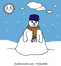 isolated snowman with blue pot over his head