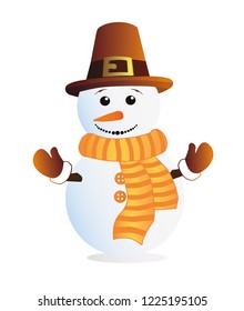 Isolated snowman in a brown hat, scarf and mittens. Vector illustration on white background.