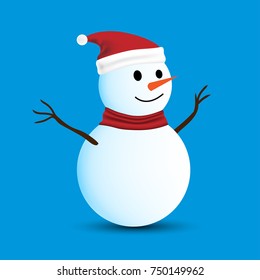 Isolated Snowman on Blue background, Snowman have Red Hat and red scarf, for Christmas concept. Vector Illustration.