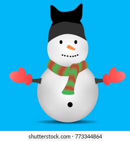 Isolated Snowman on Blue background, Snowman have Black hat with cat ears red-green scarf, for Christmas concept. Vector Illustration.