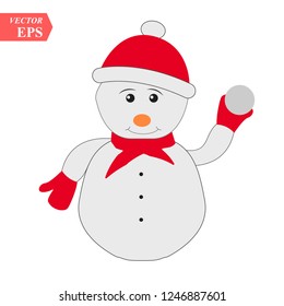 Isolated snowman on a snowboard. Vector illustration on white background.