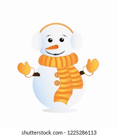 Isolated snowman in winter headphones, scarf and mittens. Vector illustration on white background.