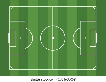 An isolated soccer field for a ball game on a striped green background. A competitive sport on the lawn. Stadium with markings. Vector stock graphics. For website and application design.