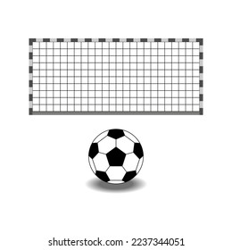 Un gol de fútbol aislado para jugar fútbol y pelota delante de la puerta. Equipamiento deportivo blanco y negro con dos postes verticales y red. Plantilla para deportes, competencias, campeonatos y fútbol.