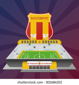 Isolated soccer stadium with an emblem on a colored background. Vector illustration