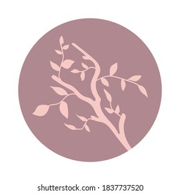 Isolated soft pink branch with leaves in a lilac circle on white background stylized. Floral icon on white background.