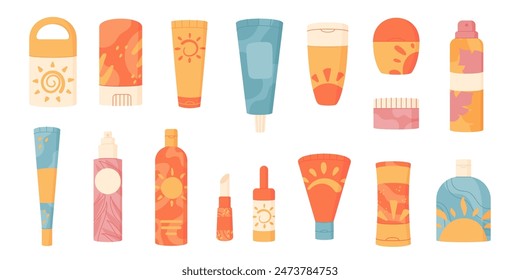 Isolated solar protection cosmetic container set with blank labels, vector template spf spray product collection, flat sunscreen oil pack and uv block cream bottle, creative sunblock moisturizer tube.