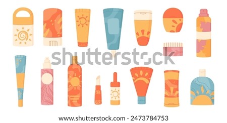 Isolated solar protection cosmetic container set with blank labels, vector template spf spray product collection, flat sunscreen oil pack and uv block cream bottle, creative sunblock moisturizer tube.