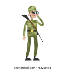Isolated soldier in uniform with binocular on white background.